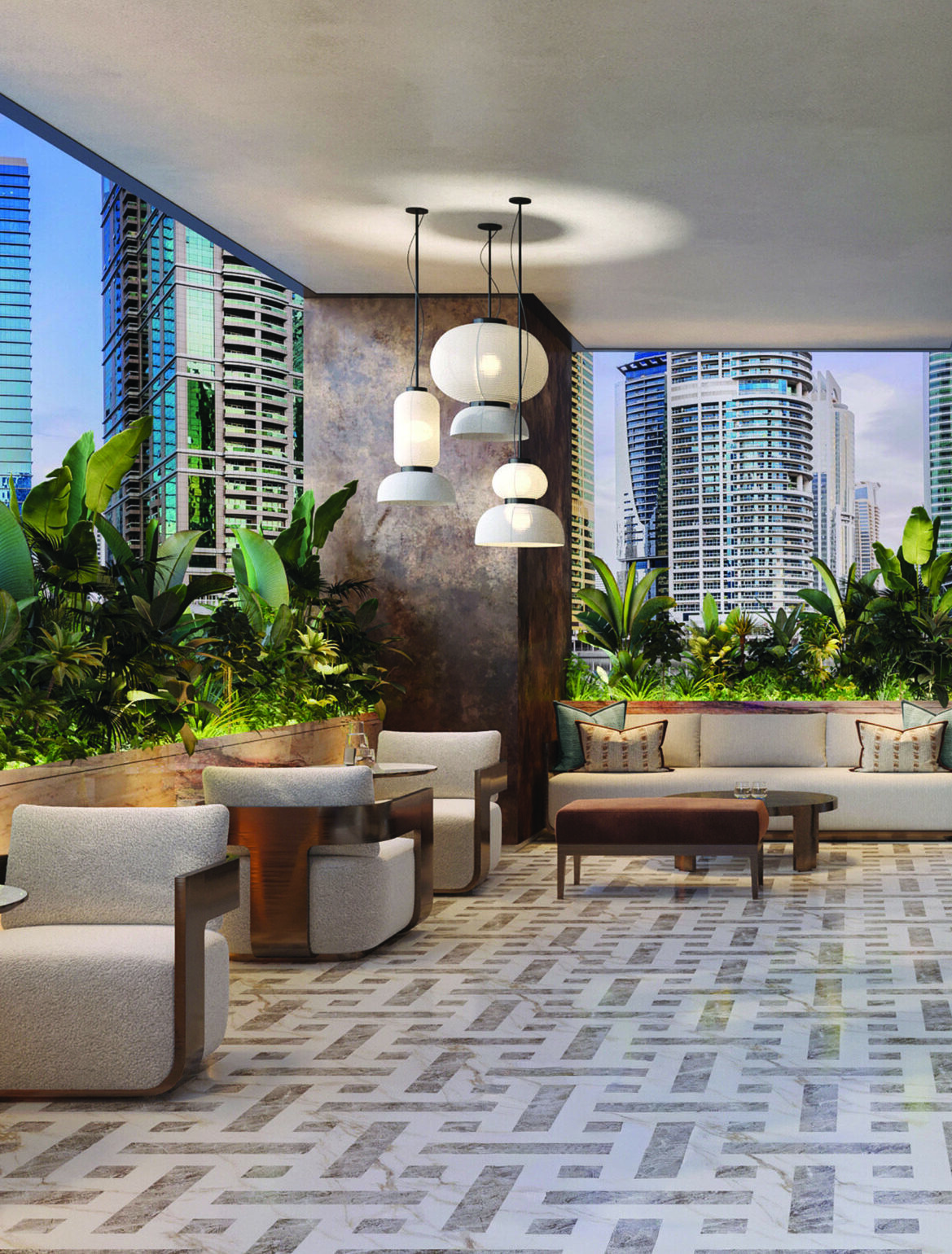 Hilton Residences Dubai JLT outdoor terrace lounge with geometric tile flooring