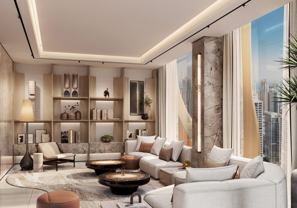 Hilton Residences Dubai JLT luxury living room with floor-to-ceiling windows and contemporary design