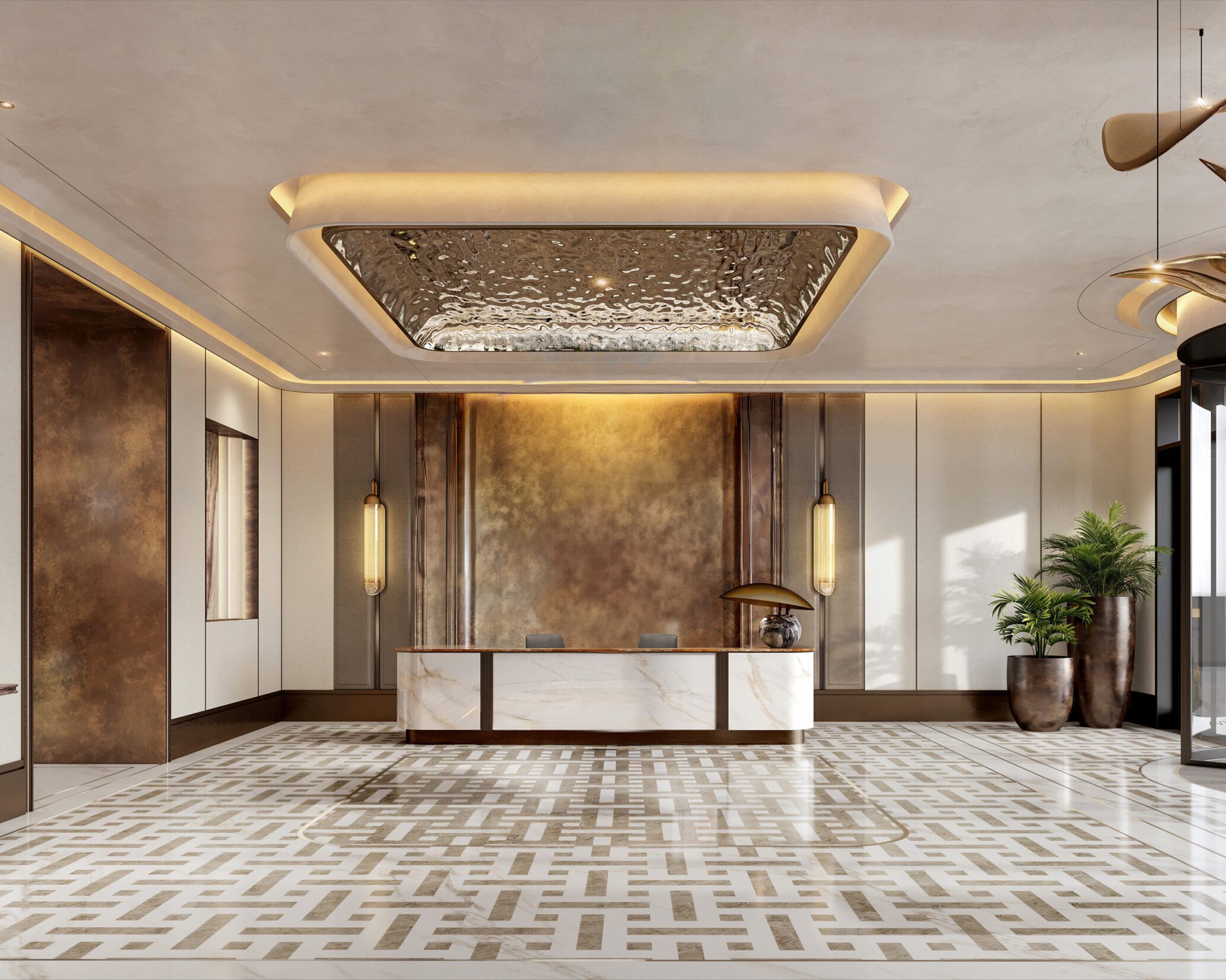 Hilton Residences Dubai JLT luxury lobby with marble reception desk and geometric floor pattern