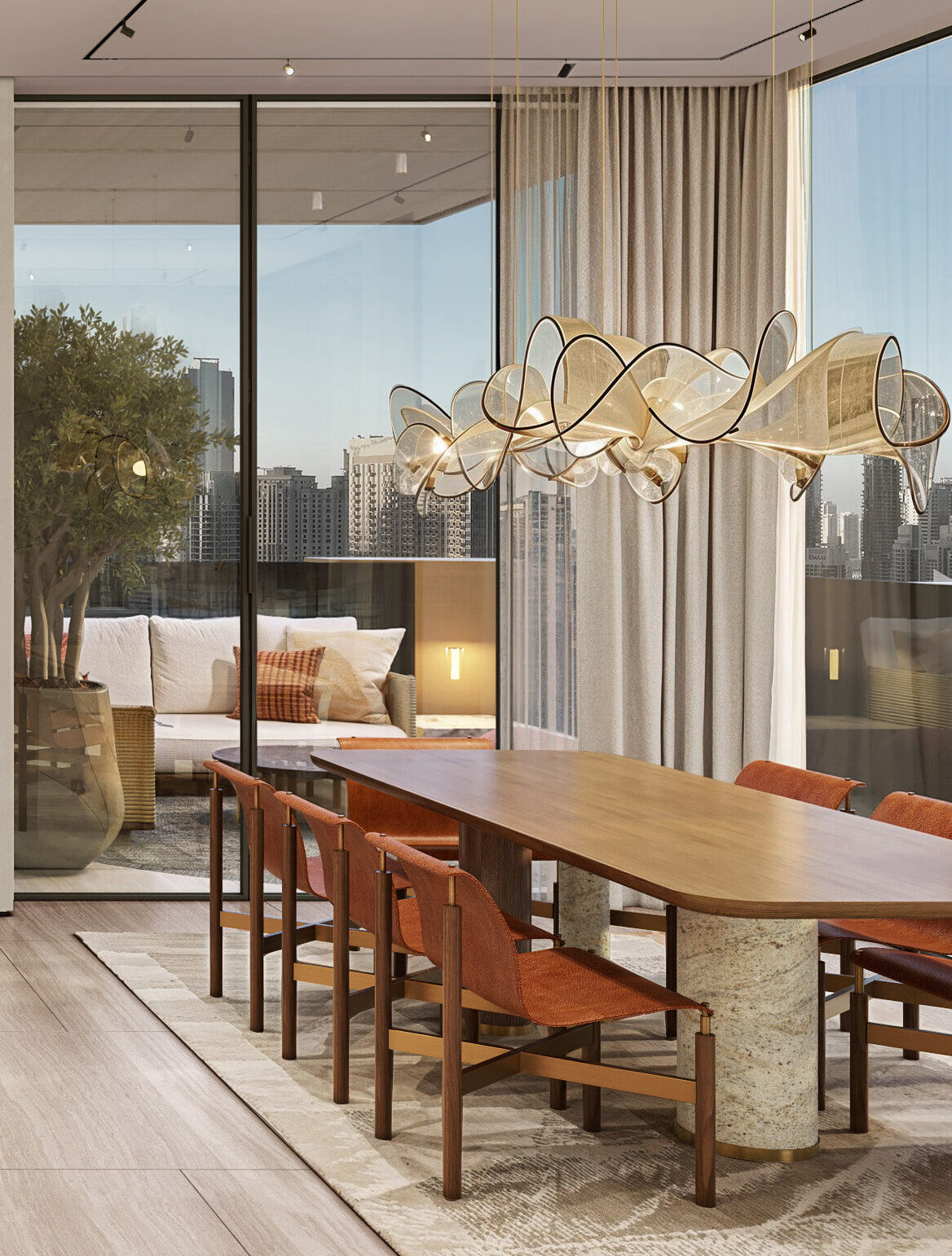 Hilton Residences Dubai JLT dining area with floor-to-ceiling windows and city skyline views